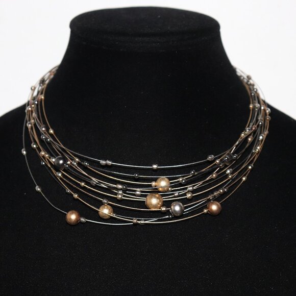 Beautiful silver and gold wire and bead memory wire necklace magnetic clasp 16" - Picture 1 of 5